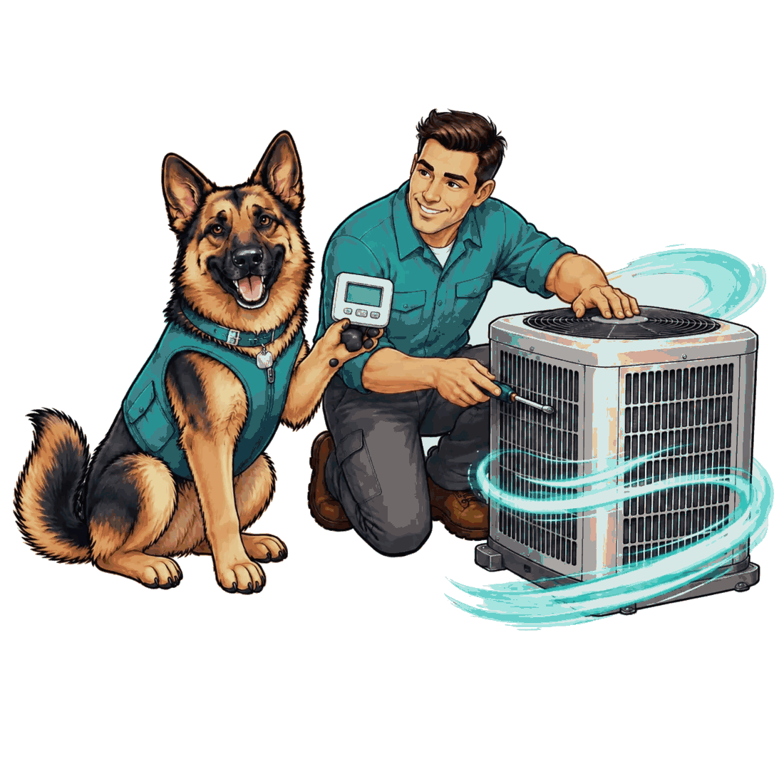 Illustrated Finn helping an HVAC technician with a thermostat