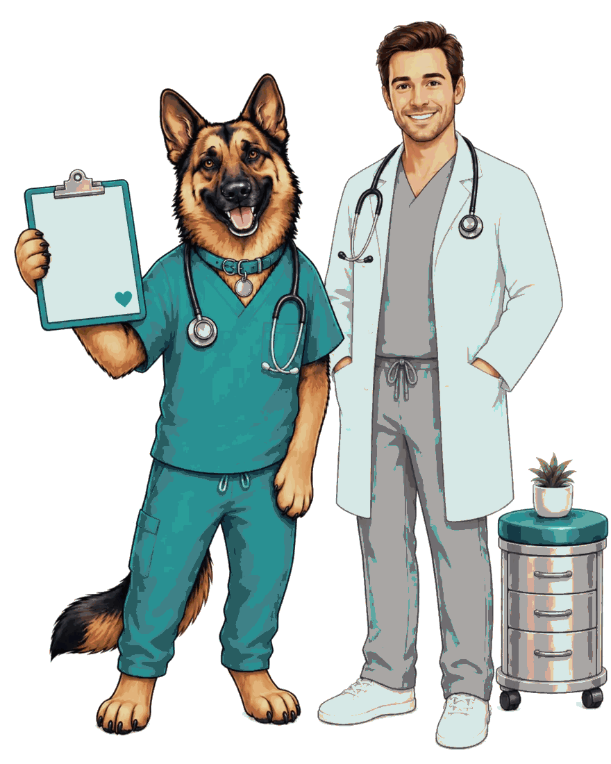 Illustrated Finn in teal scrubs helping a doctor